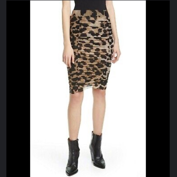 GANNI Women's Brown Ruched Leopard-print Mesh Skirt 40 - Picture 3 of 12